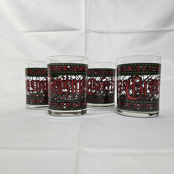 Vintage Houze Stained Glass Seasons Greetings Christmas Glasses 12 oz Set Of 4 - Picture 2 of 14